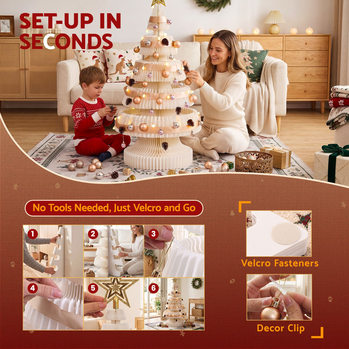 Jingle Jollys Paper Christmas Tree 114CM w/ Star Topper LEDs Xmas Decorations Kit Home Office White - Homecoze