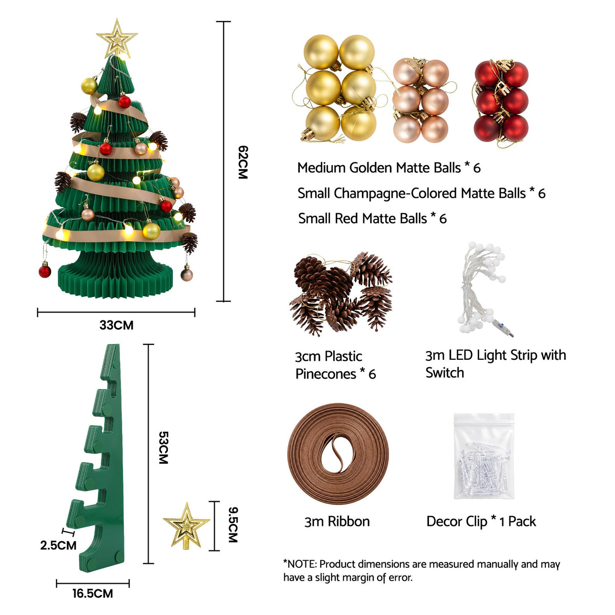 Jingle Jollys Paper Christmas Tree 62CM w/ Star Topper LEDs Xmas Decorations Kit Home Office Green - Homecoze