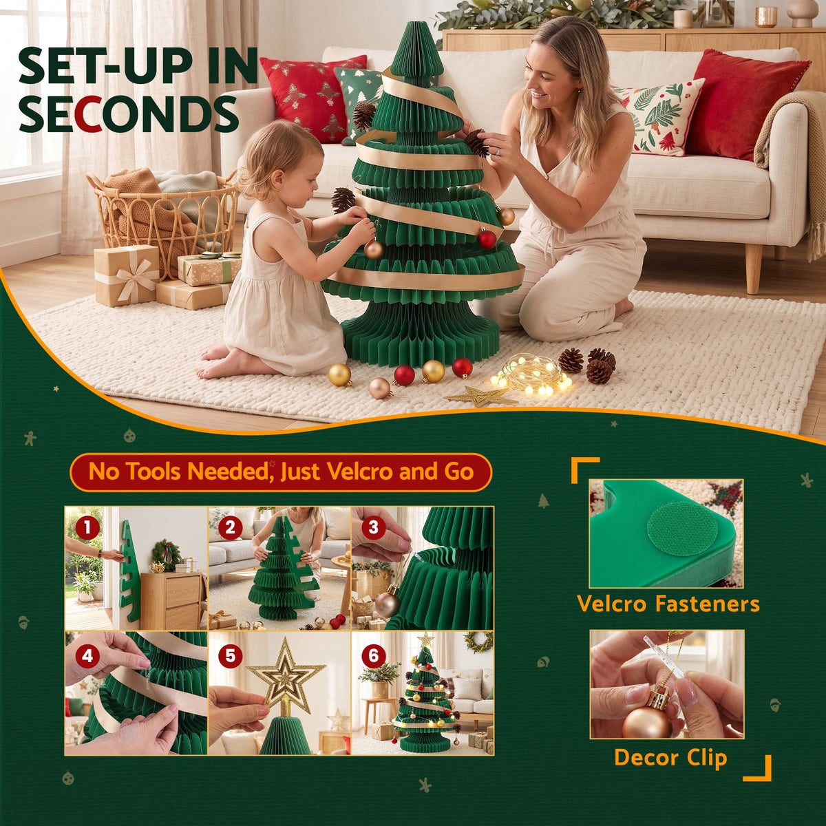 Jingle Jollys Paper Christmas Tree 62CM w/ Star Topper LEDs Xmas Decorations Kit Home Office Green - Homecoze
