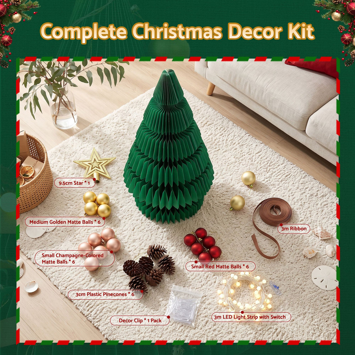 Jingle Jollys Paper Christmas Tree 62CM w/ Star Topper LEDs Xmas Decorations Kit Home Office Green - Homecoze