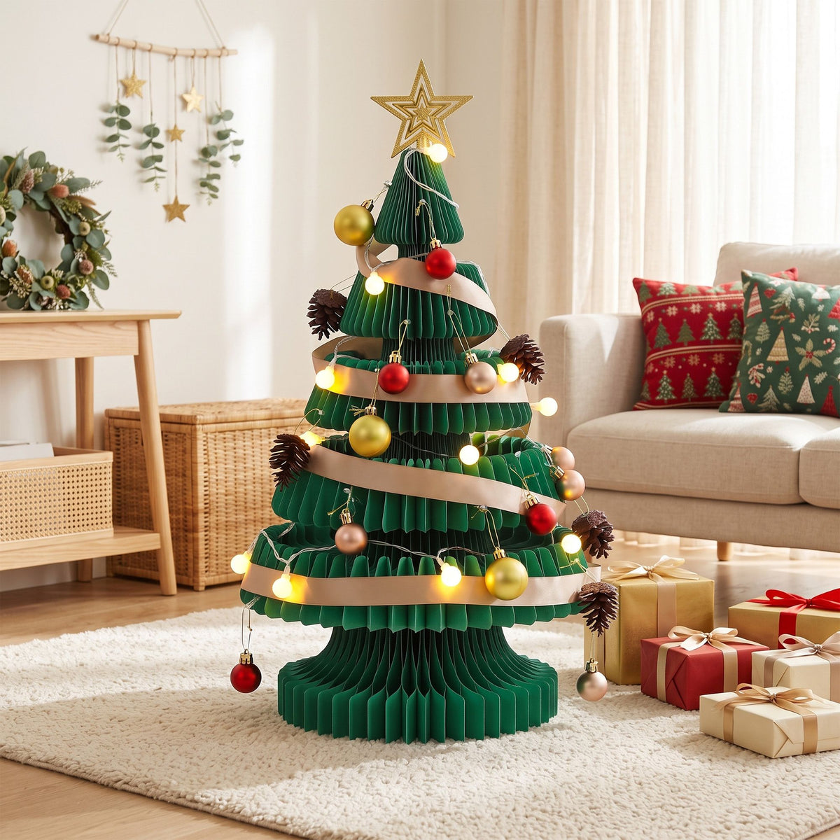 Jingle Jollys Paper Christmas Tree 62CM w/ Star Topper LEDs Xmas Decorations Kit Home Office Green - Homecoze
