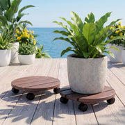 2PC Round HDPE Plant Caddy Set with Lockable Wheels – Brown