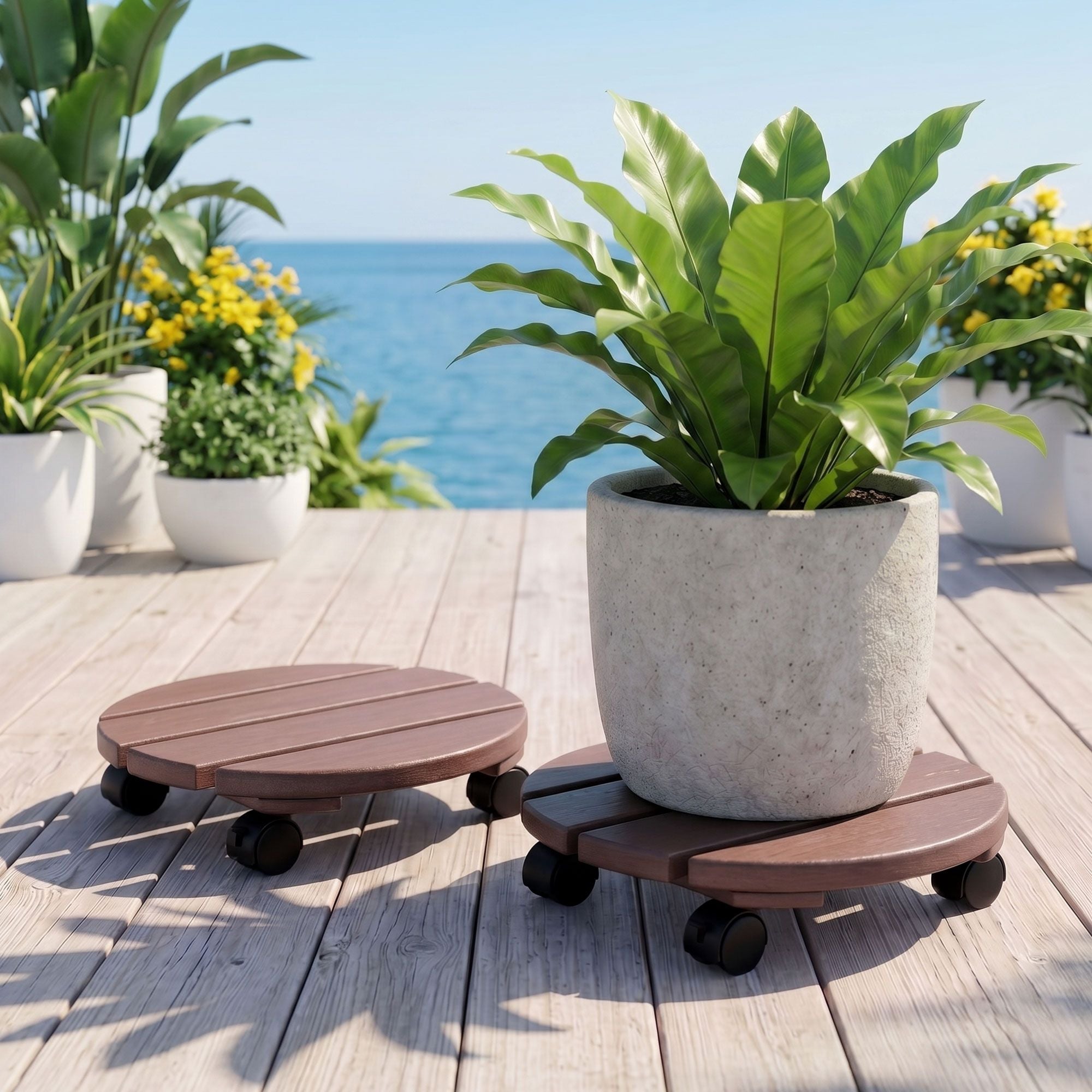 2PC Round HDPE Plant Caddy Set with Lockable Wheels – Brown