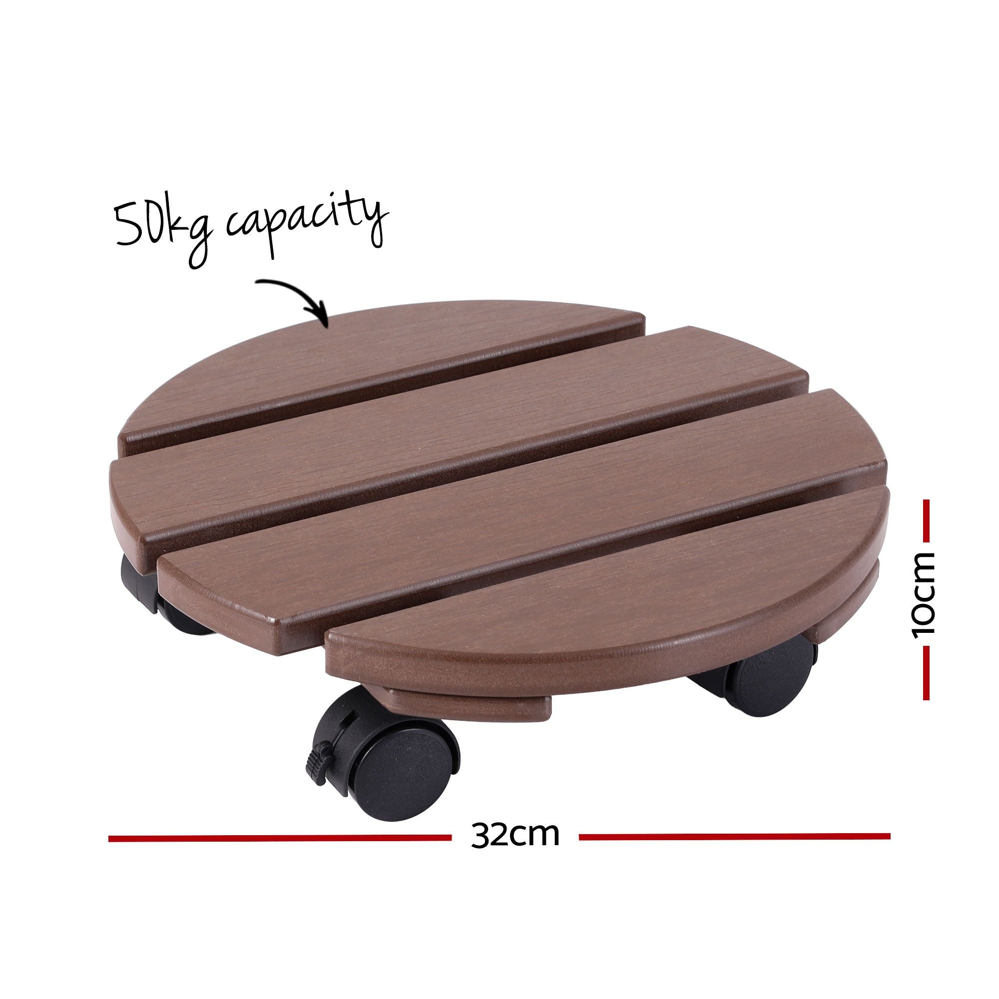 2PC Round HDPE Plant Caddy Set with Lockable Wheels – Brown
