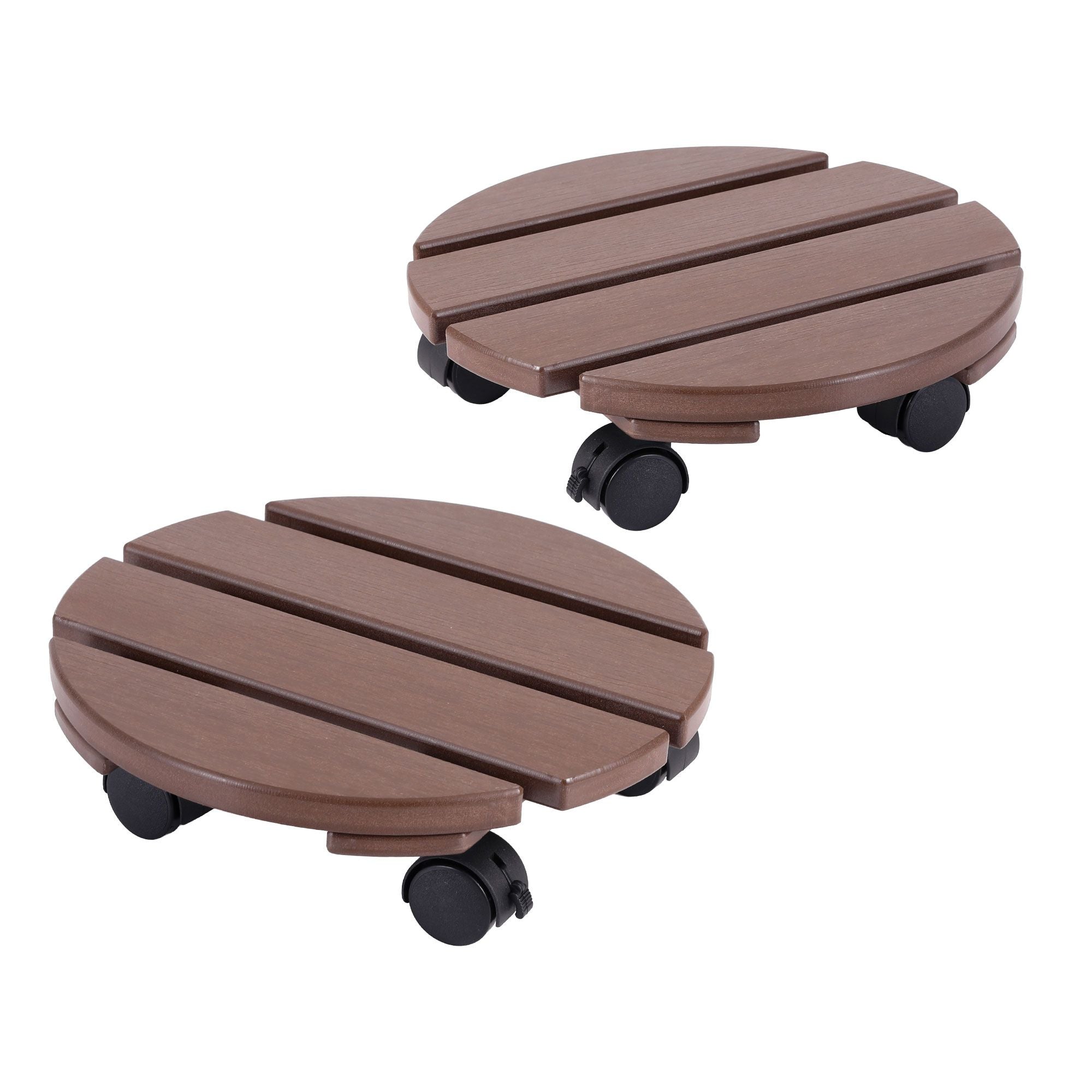 2PC Round HDPE Plant Caddy Set with Lockable Wheels – Brown