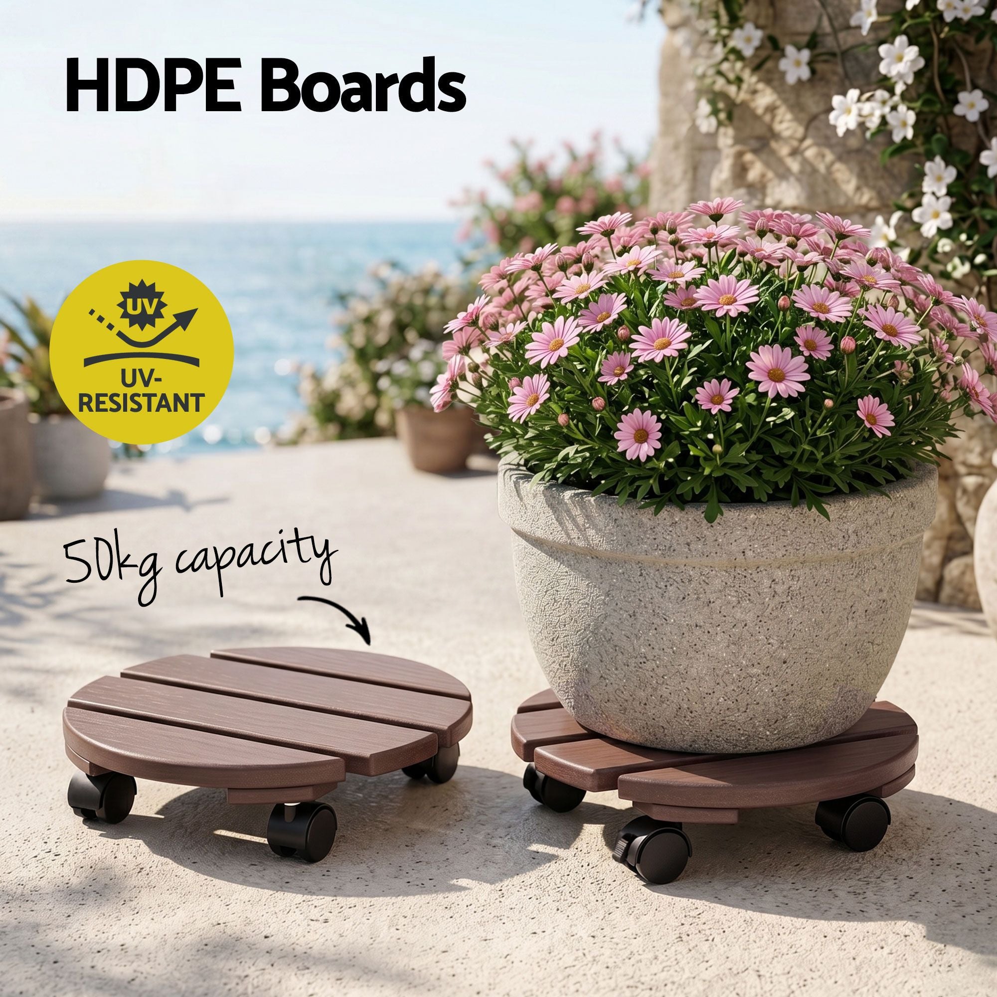 2PC Round HDPE Plant Caddy Set with Lockable Wheels – Brown