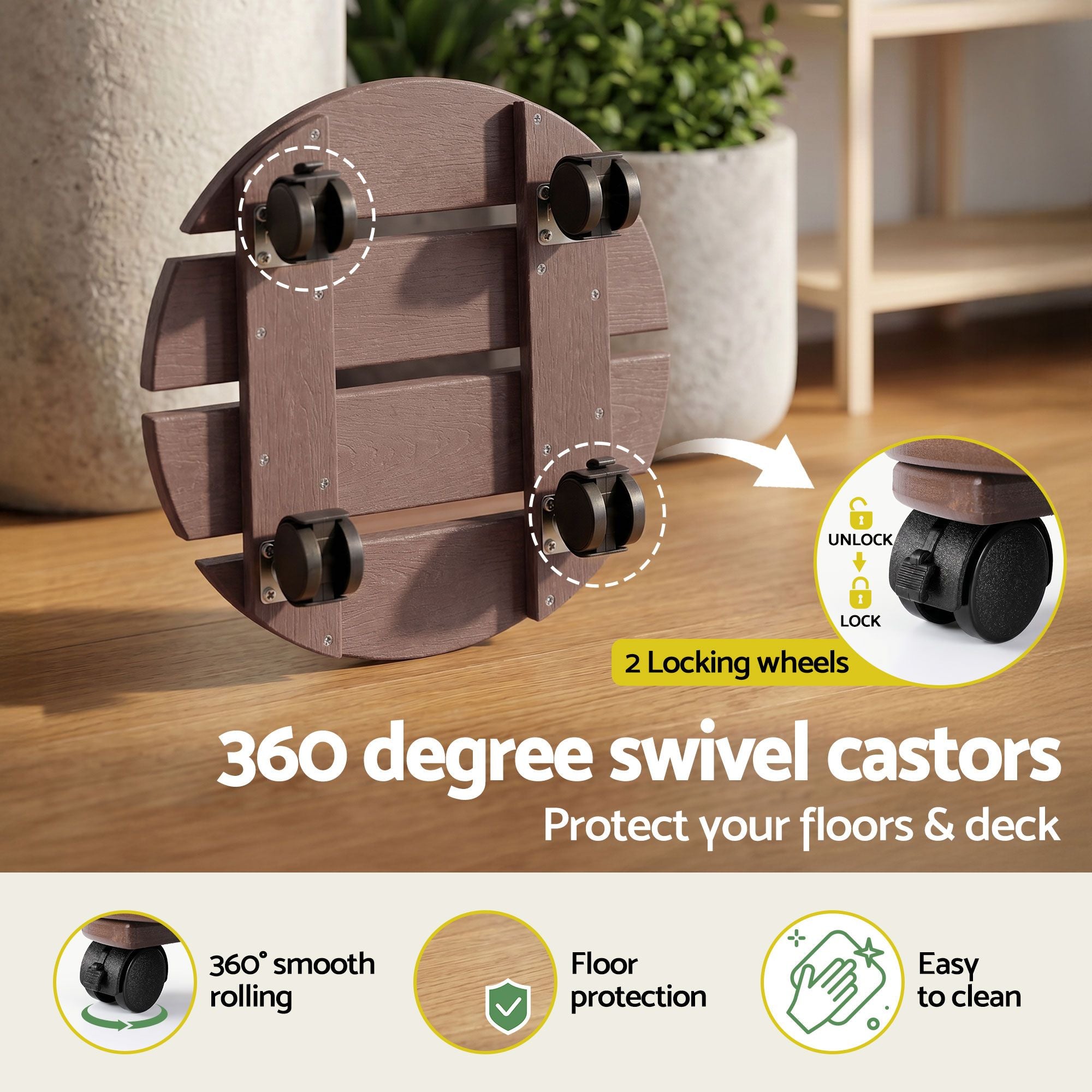 2PC Round HDPE Plant Caddy Set with Lockable Wheels – Brown