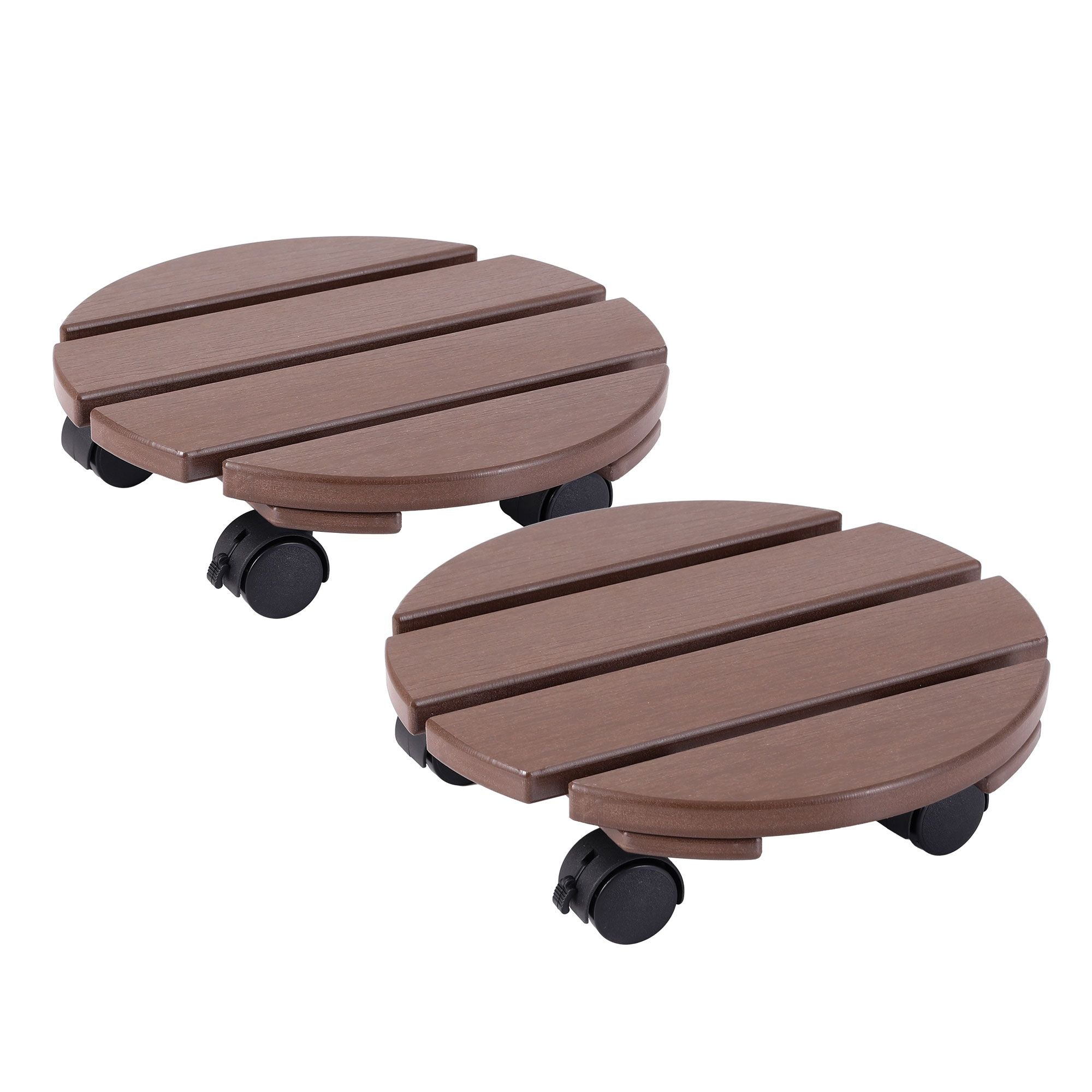 2PC Round HDPE Plant Caddy Set with Lockable Wheels – Brown
