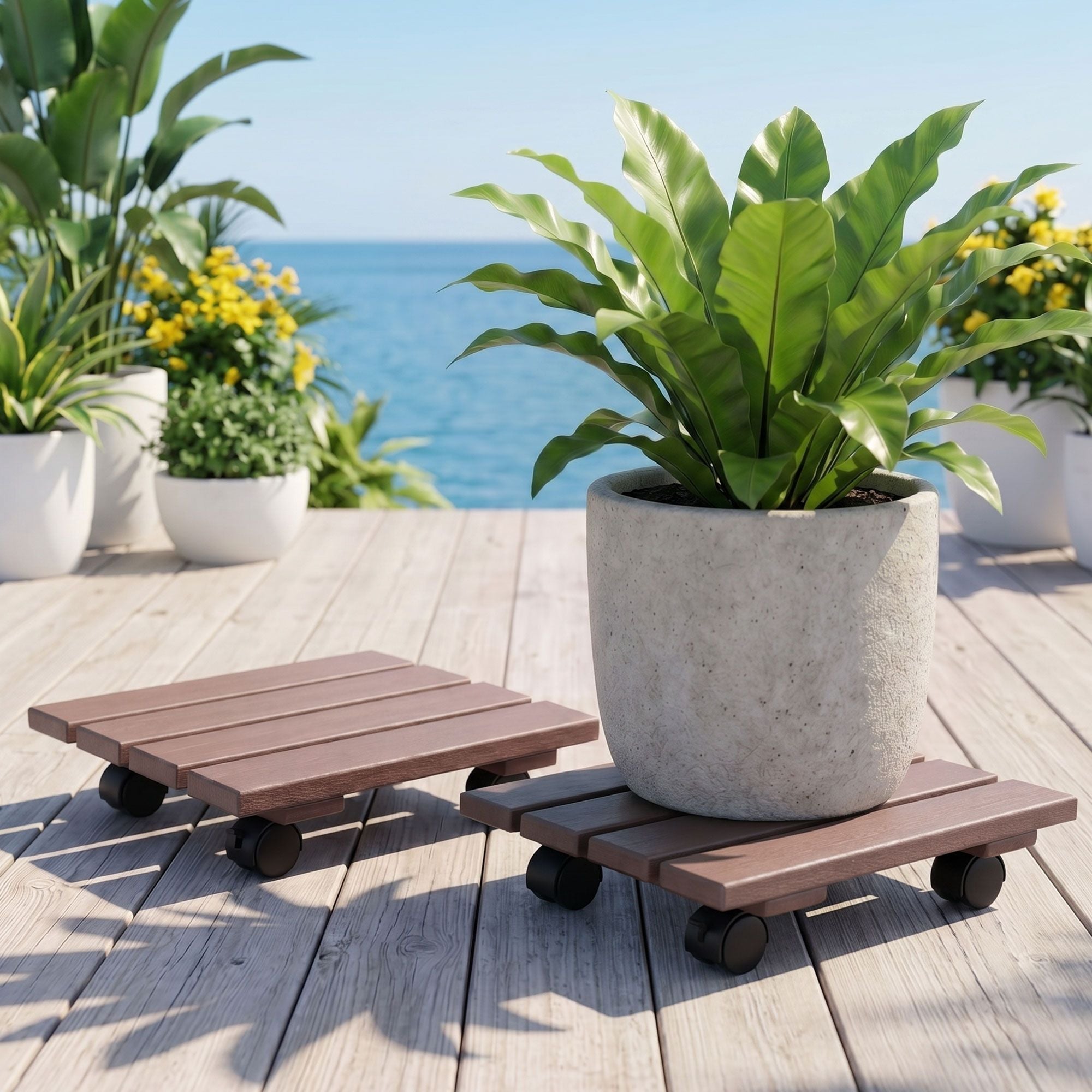 2PC Square HDPE Plant Caddy Set with Lockable Wheels – Brown