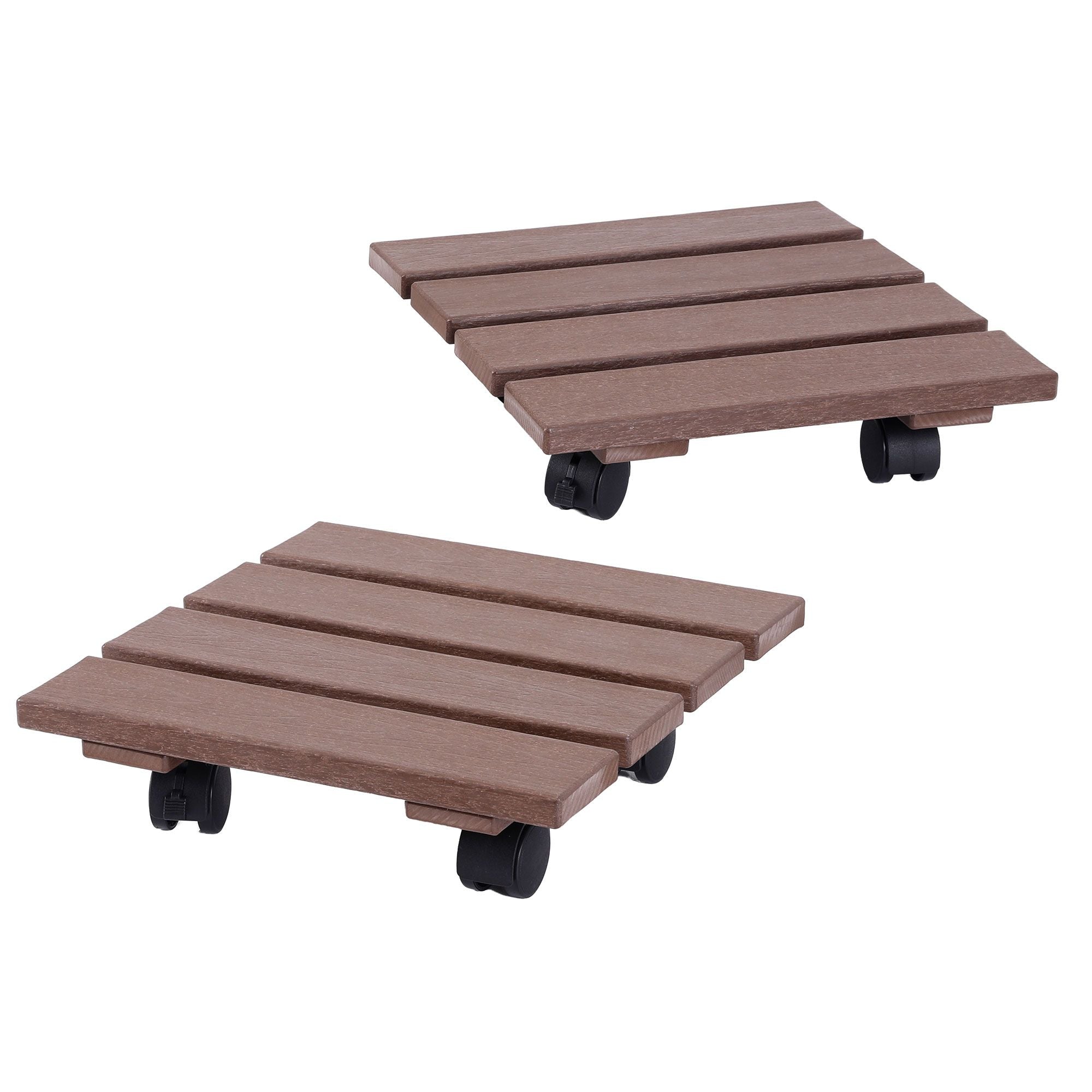 2PC Square HDPE Plant Caddy Set with Lockable Wheels – Brown