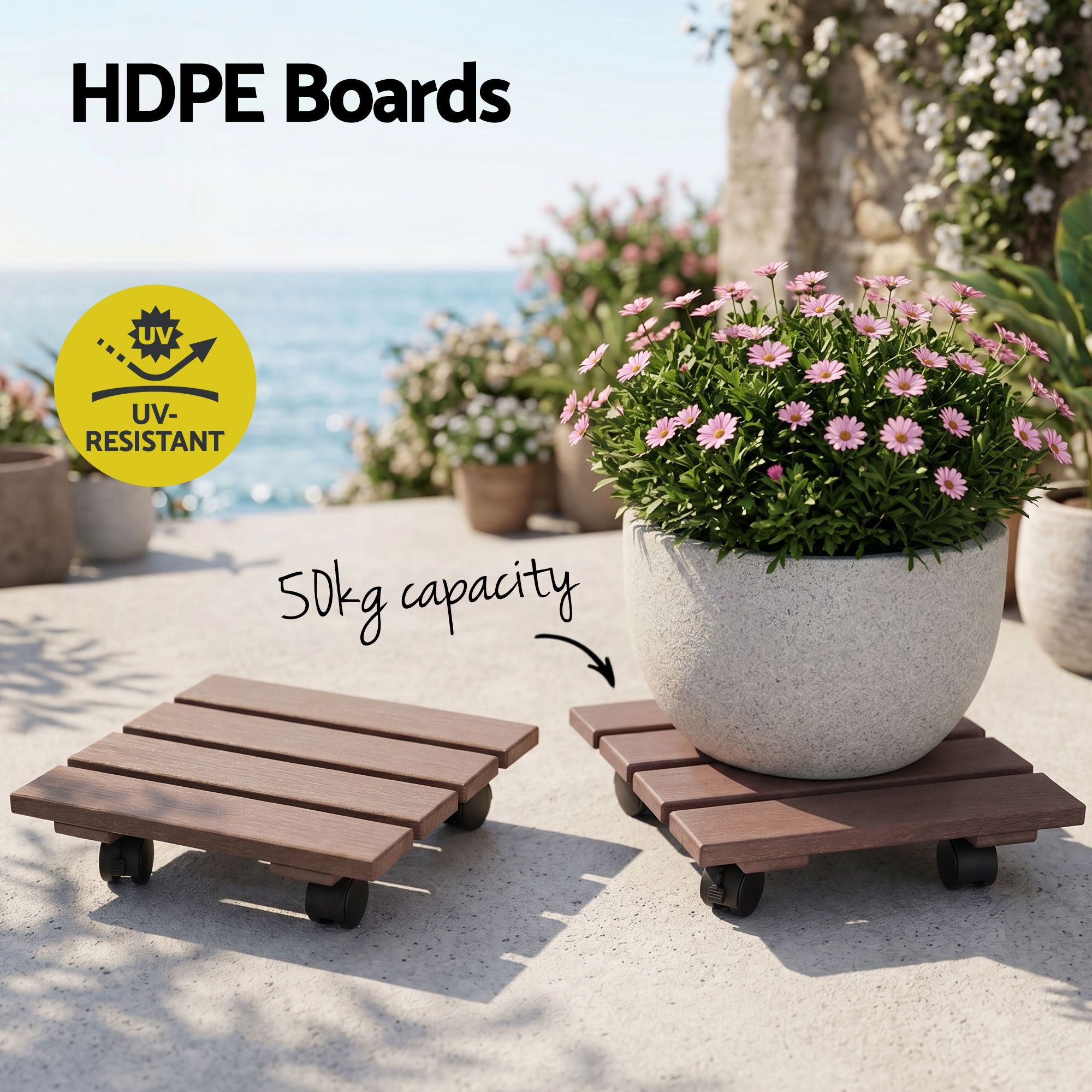 2PC Square HDPE Plant Caddy Set with Lockable Wheels – Brown