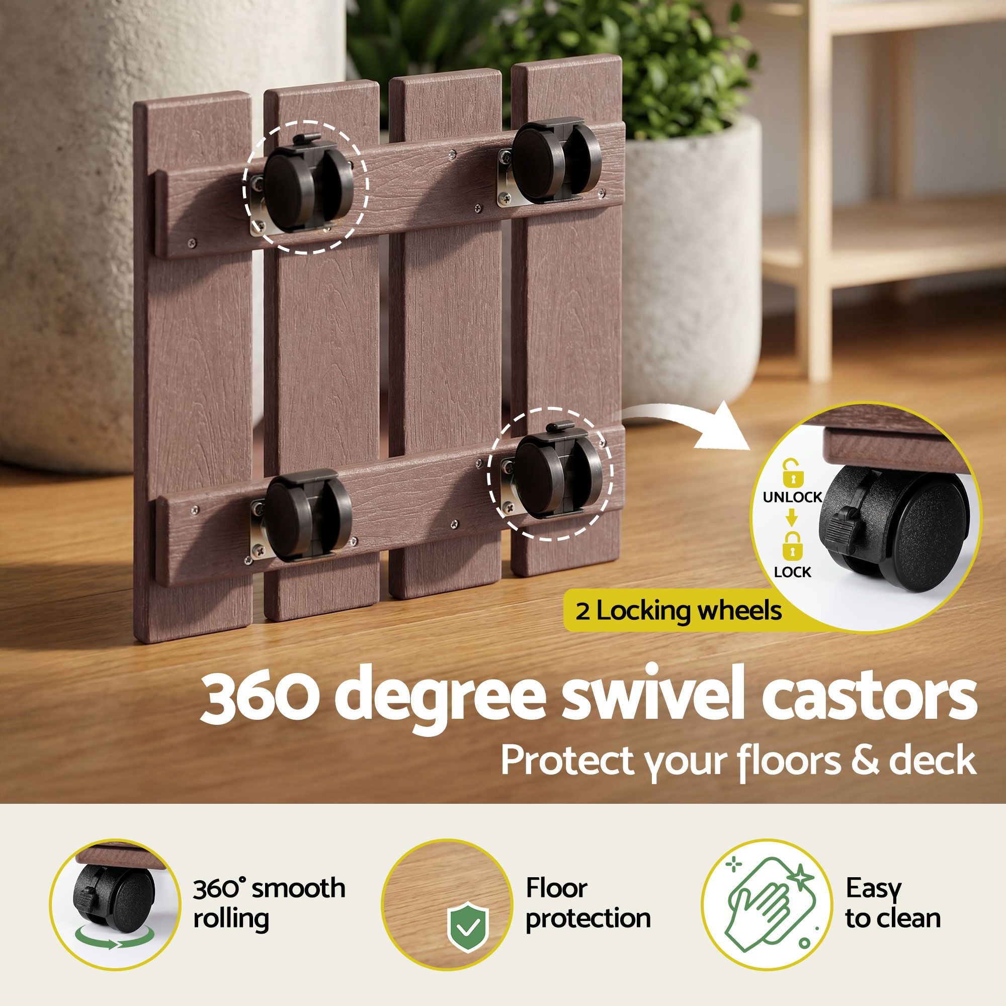 2PC Square HDPE Plant Caddy Set with Lockable Wheels – Brown