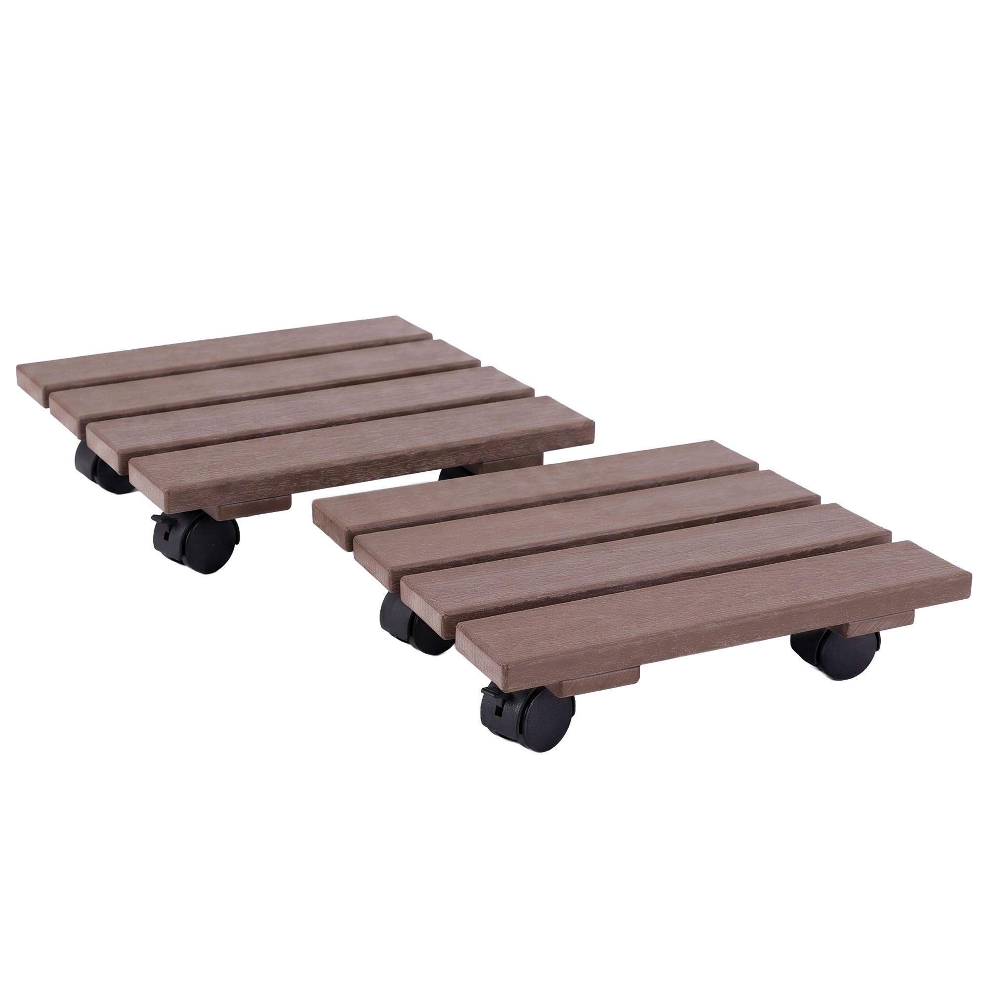 2PC Square HDPE Plant Caddy Set with Lockable Wheels – Brown