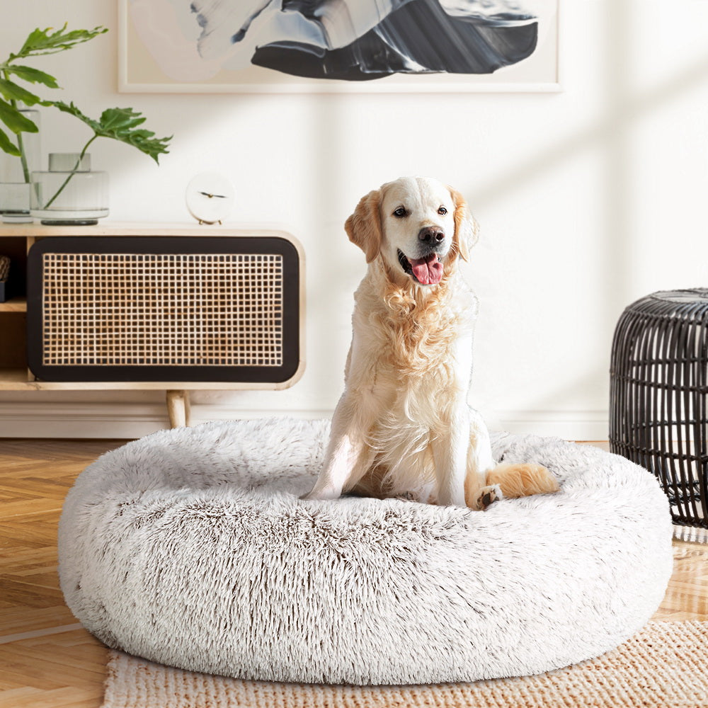 Large Plush Pet Bed 90cm - White/Brown - Homecoze