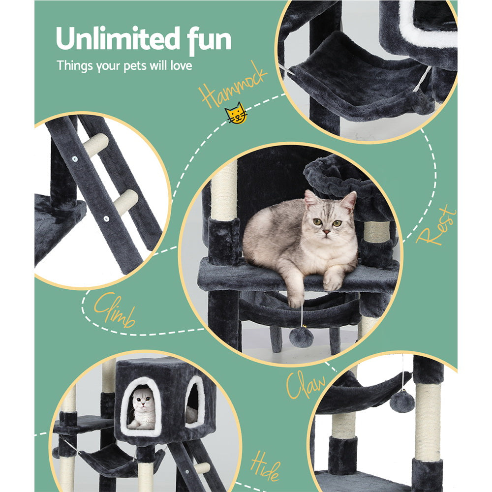 Large Cat Tree Tower Scratching Post Cat Condo Hanging Toy Bed 168cm - Homecoze