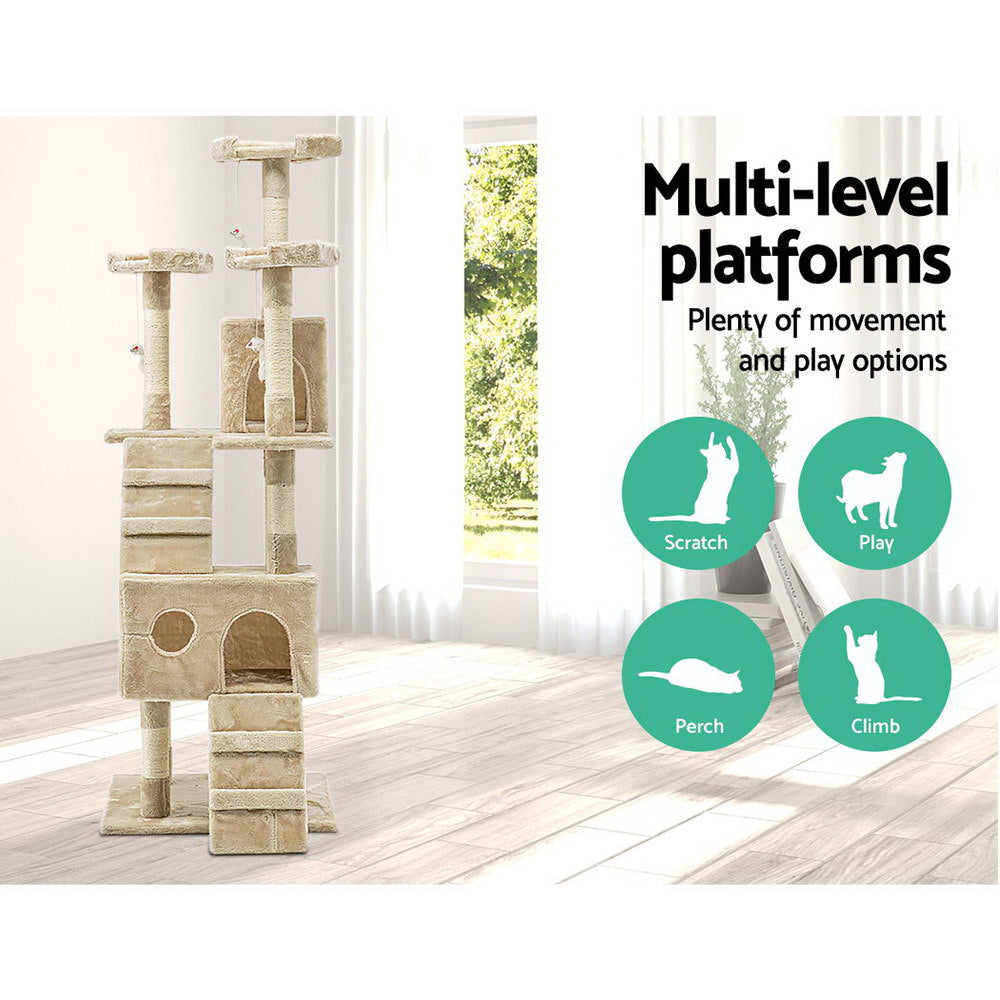 Large Cats Tree Scratching Post Tower Cat Condo House Beige - 180cm Tall - Homecoze