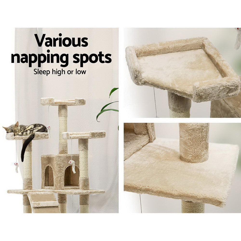 Large Cats Tree Scratching Post Tower Cat Condo House Beige - 180cm Tall - Homecoze