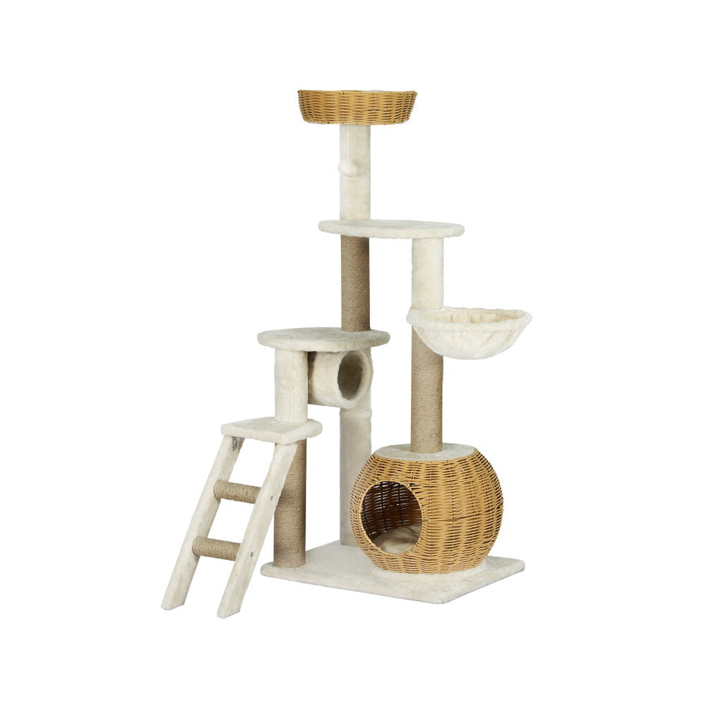 Medium Size Cat Tree Scratching Post with Natural Rattan Basket 138cm