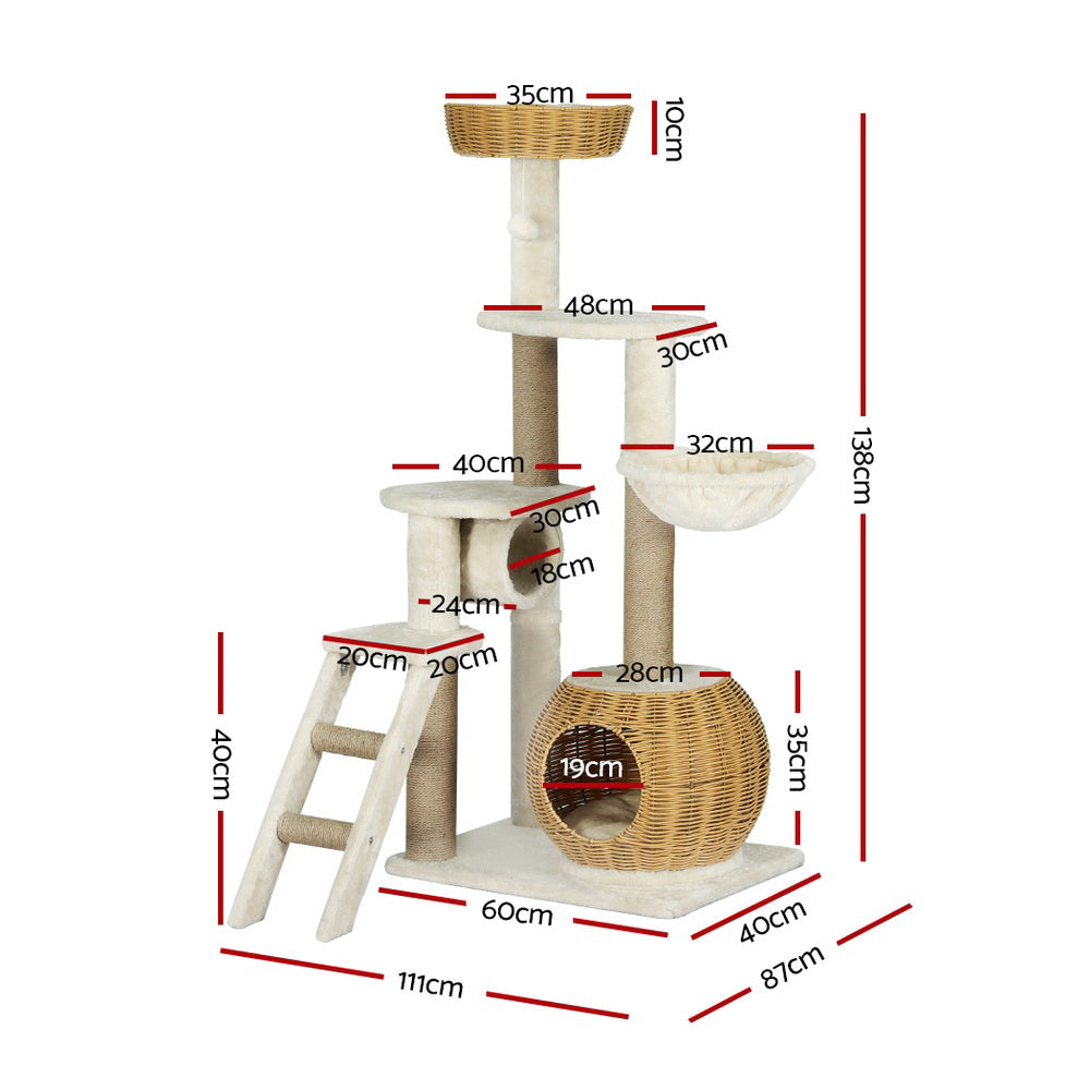 Medium Size Cat Tree Scratching Post with Natural Rattan Basket 138cm