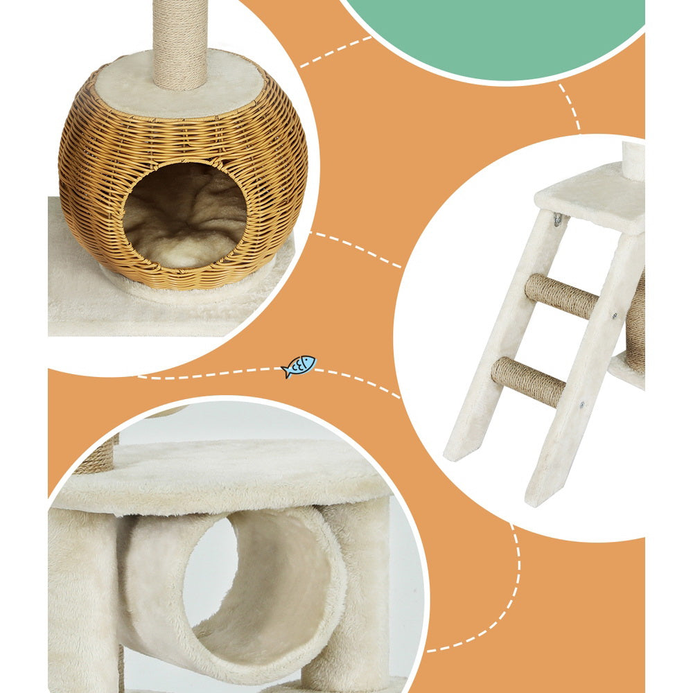 Medium Size Cat Tree Scratching Post with Natural Rattan Basket 138cm