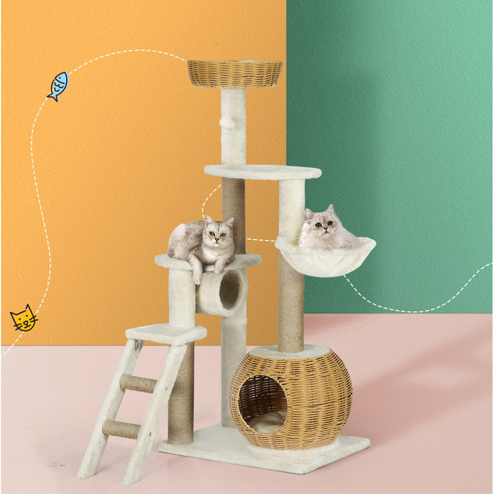 Medium Size Cat Tree Scratching Post with Natural Rattan Basket 138cm