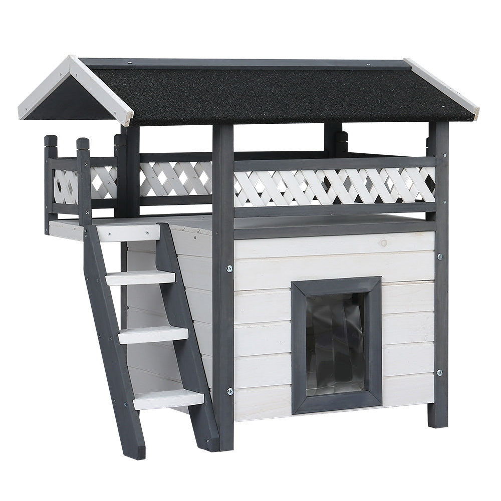 Cat Kennel Wooden Pet Cat House Two Level Cabin 77cm x 50cm x 73cm - Homecoze