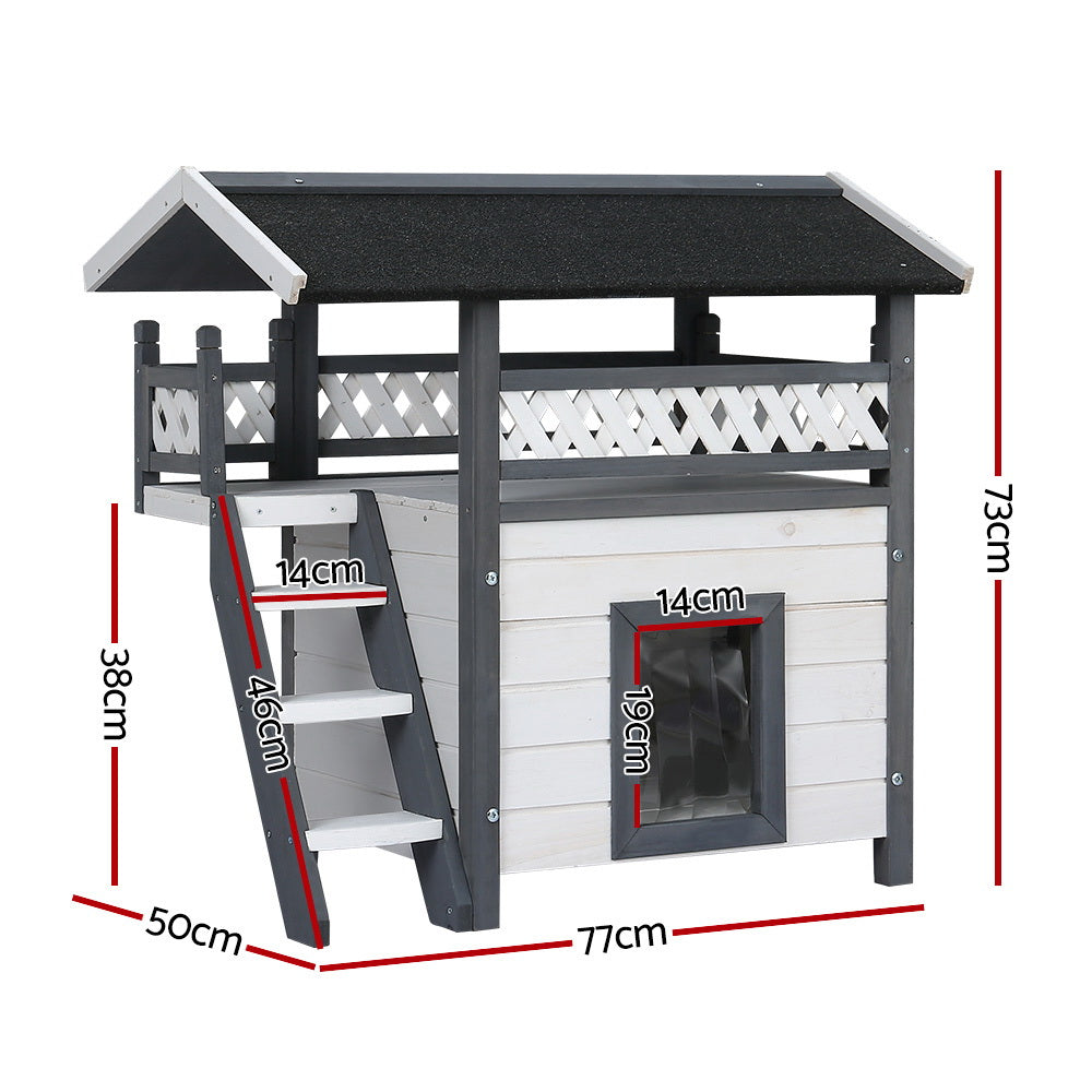Cat Kennel Wooden Pet Cat House Two Level Cabin 77cm x 50cm x 73cm - Homecoze