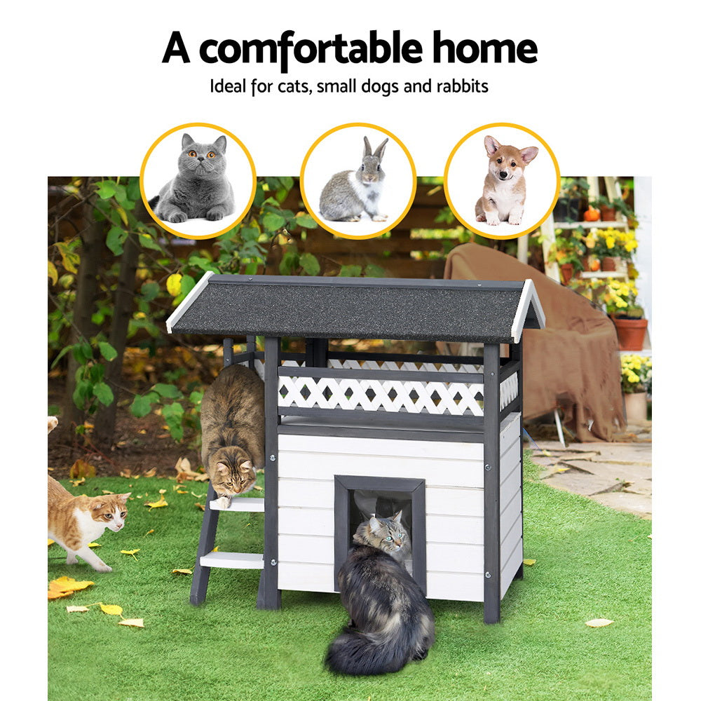 Cat Kennel Wooden Pet Cat House Two Level Cabin 77cm x 50cm x 73cm - Homecoze
