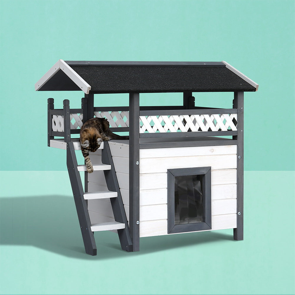 Cat Kennel Wooden Pet Cat House Two Level Cabin 77cm x 50cm x 73cm - Homecoze