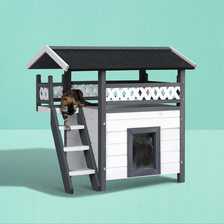 Cat Kennel Wooden Pet Cat House Two Level Cabin 77cm x 50cm x 73cm