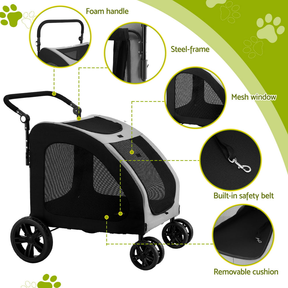 Pet Pram Large Cat or Dog Low Set 4 Wheel Foldable Carrier Stroller - Homecoze