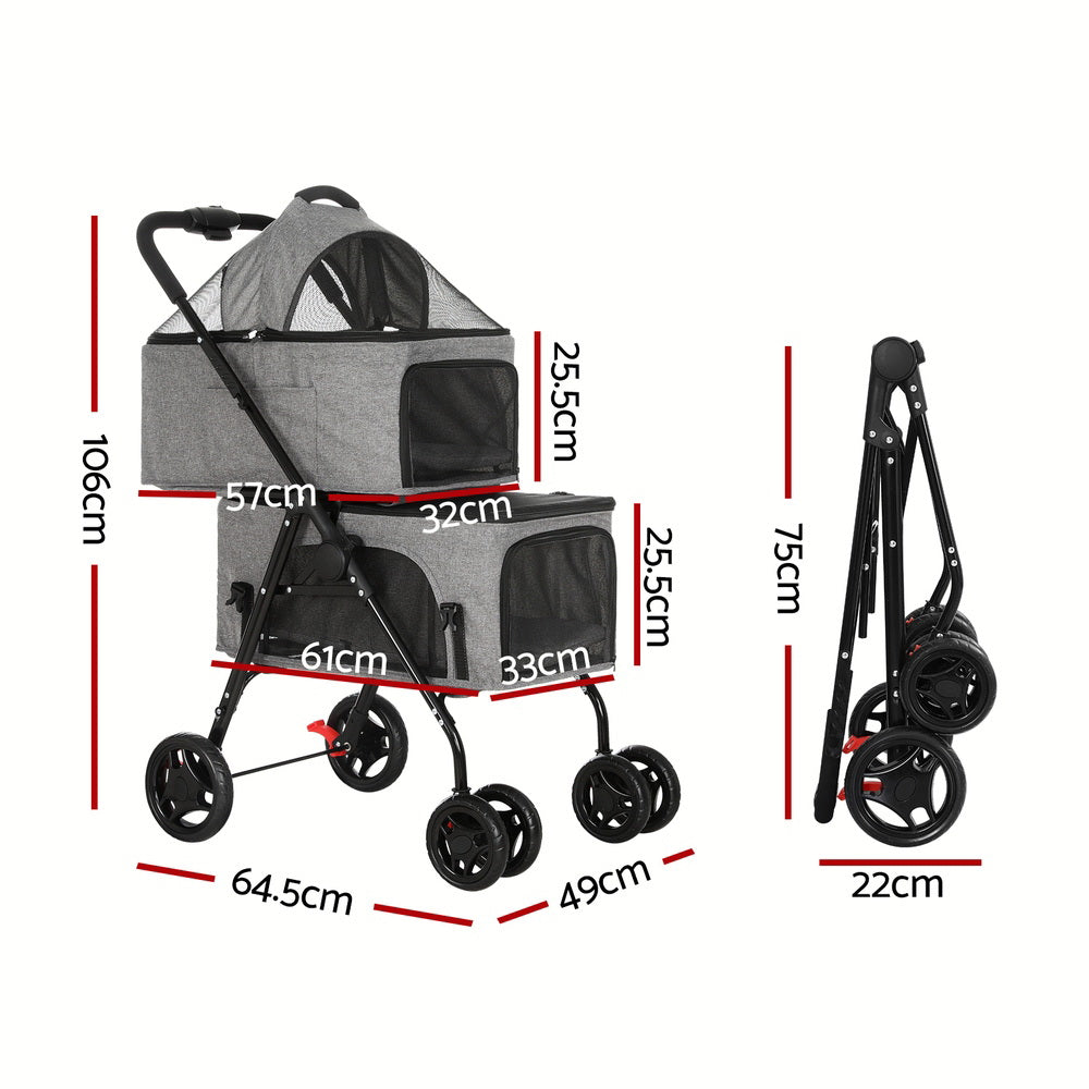 Pet Pram 2-Tirr Cat or Small Dog Carrier with Detachable Car Seat - Homecoze