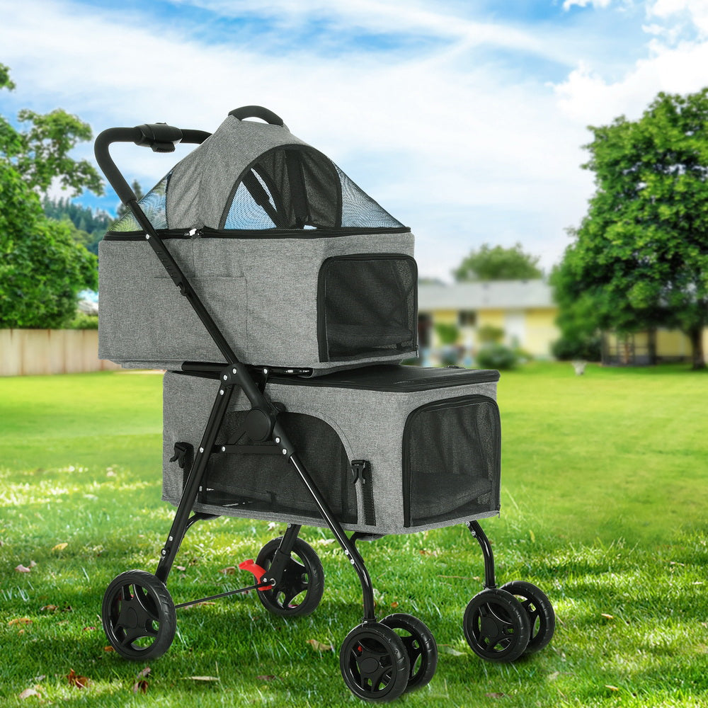 Pet Pram 2-Tirr Cat or Small Dog Carrier with Detachable Car Seat - Homecoze