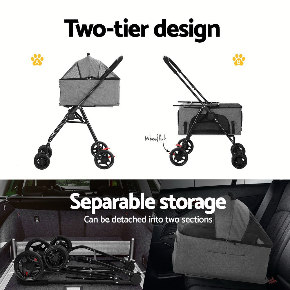 Pet Pram 2-Tirr Cat or Small Dog Carrier with Detachable Car Seat - Homecoze