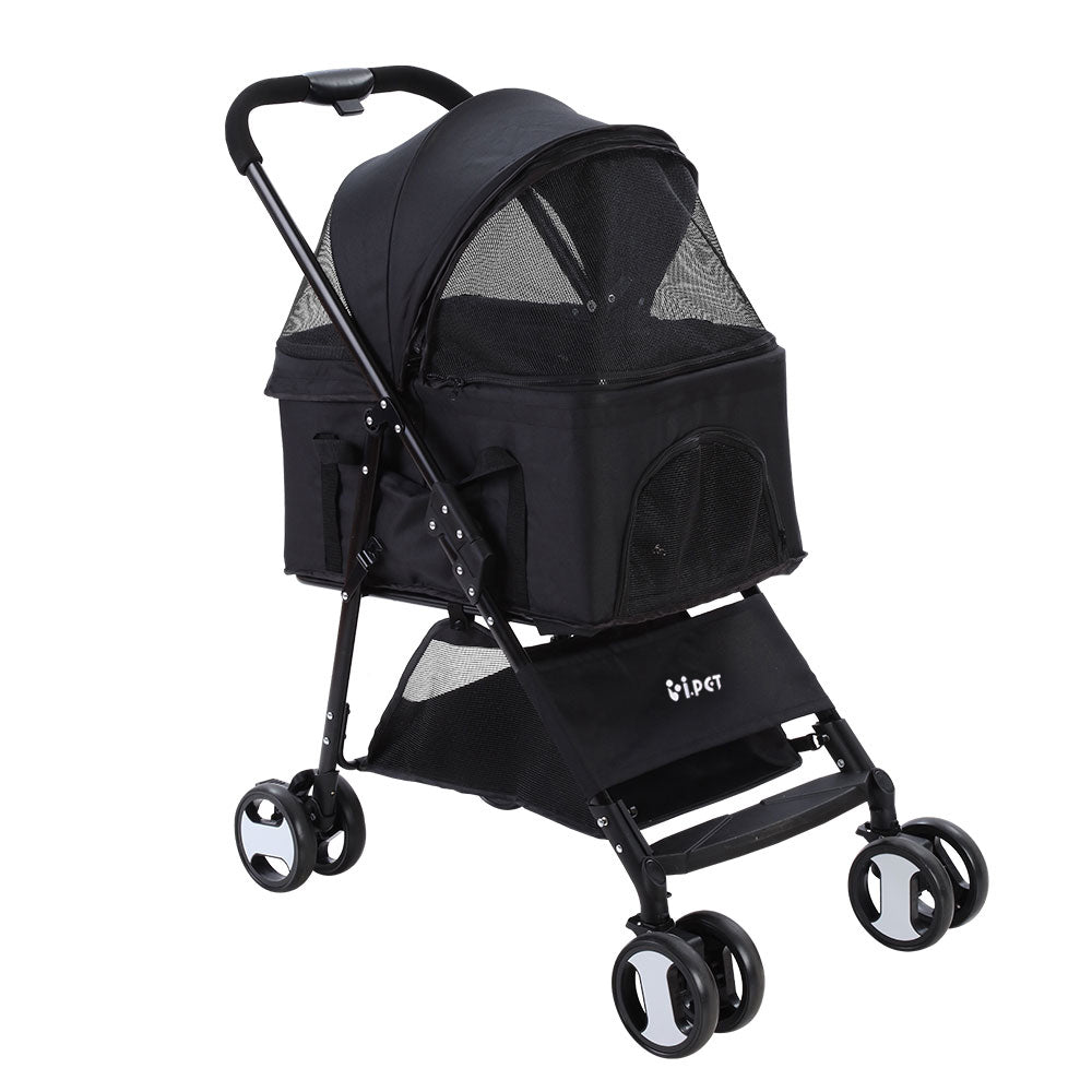 Pet Pram Cat or Dog 3-in-1 Pushchair 4 Wheel Foldable Carrier Stroller - Black - Homecoze