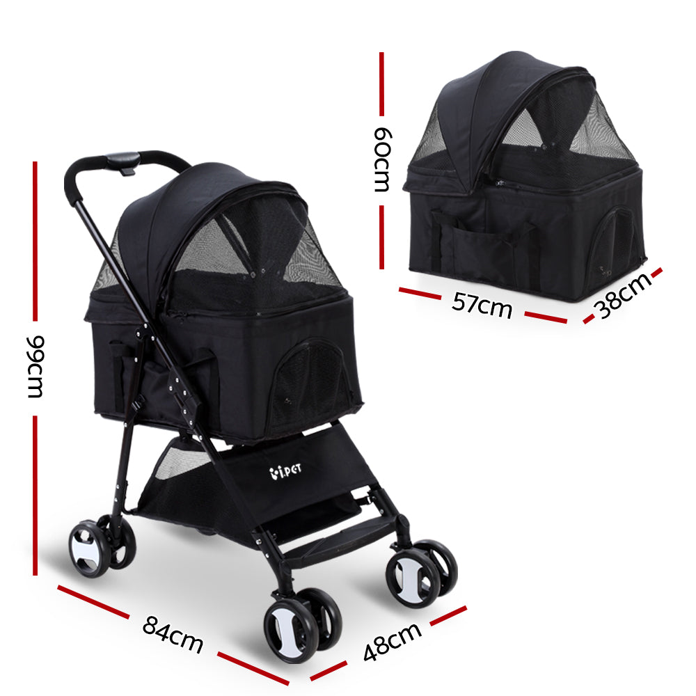 Pet Pram Cat or Dog 3-in-1 Pushchair 4 Wheel Foldable Carrier Stroller - Black - Homecoze