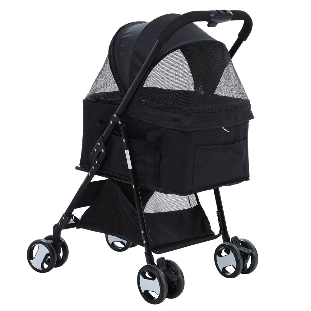 Pet Pram Cat or Dog 3-in-1 Pushchair 4 Wheel Foldable Carrier Stroller - Black - Homecoze
