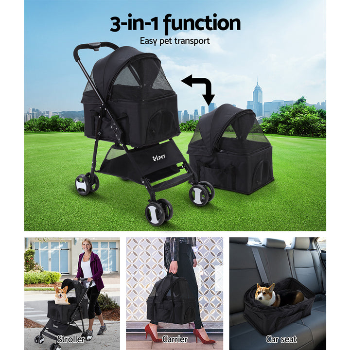 Pet Pram Cat or Dog 3-in-1 Pushchair 4 Wheel Foldable Carrier Stroller - Black - Homecoze