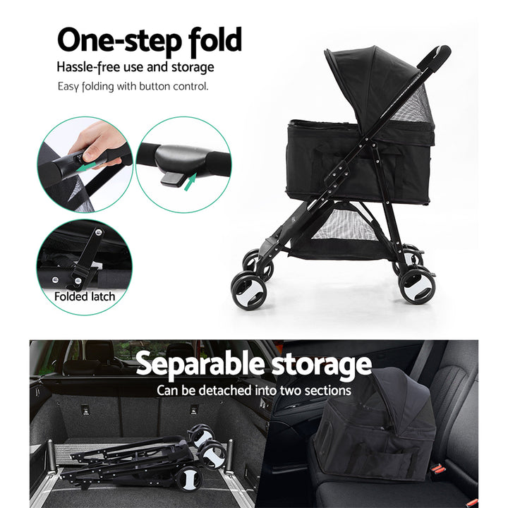 Pet Pram Cat or Dog 3-in-1 Pushchair 4 Wheel Foldable Carrier Stroller - Black - Homecoze