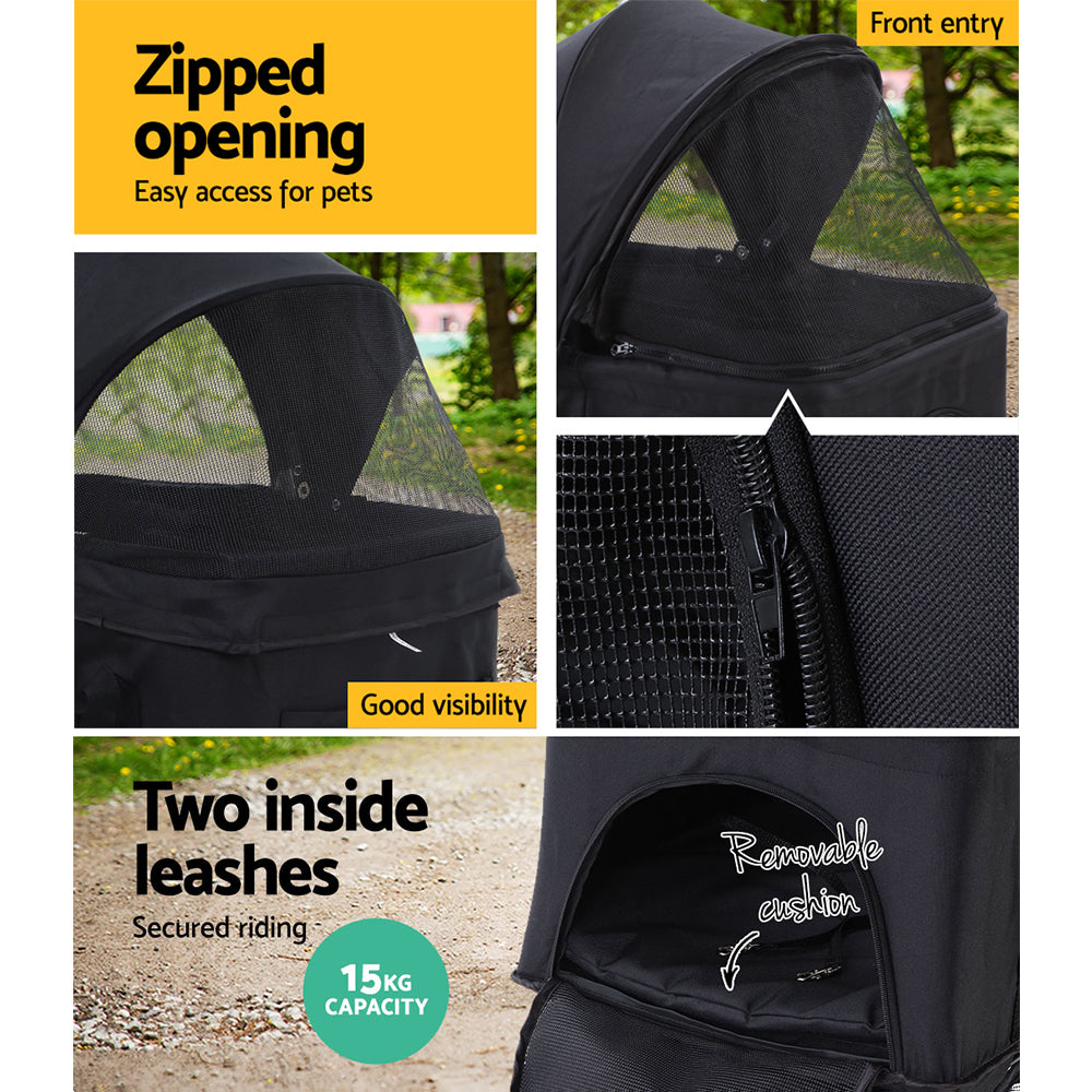 Pet Pram Cat or Dog 3-in-1 Pushchair 4 Wheel Foldable Carrier Stroller - Black - Homecoze