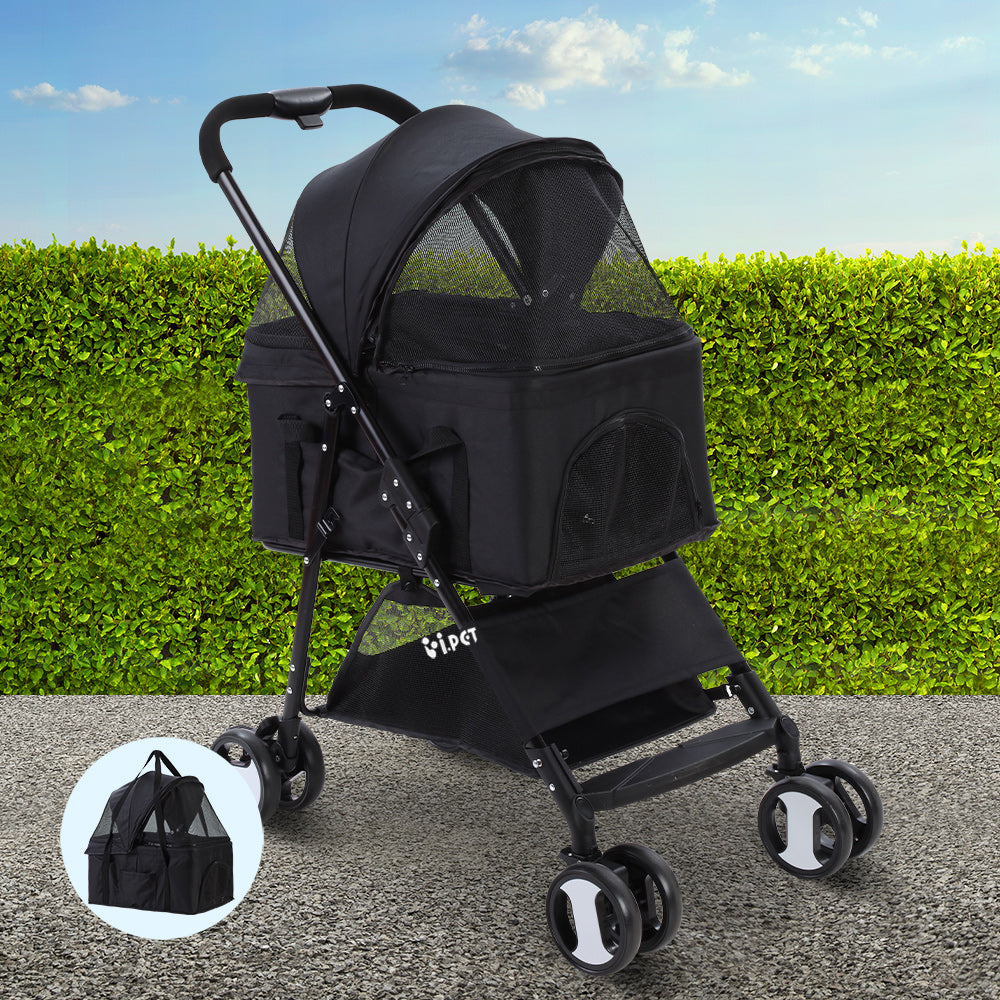Pet Pram Cat or Dog 3-in-1 Pushchair 4 Wheel Foldable Carrier Stroller - Black - Homecoze