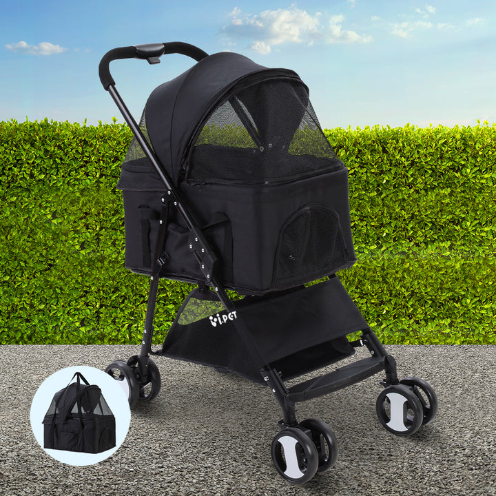 Pet Pram Cat or Dog 3-in-1 Pushchair 4 Wheel Foldable Carrier Stroller - Black - Homecoze