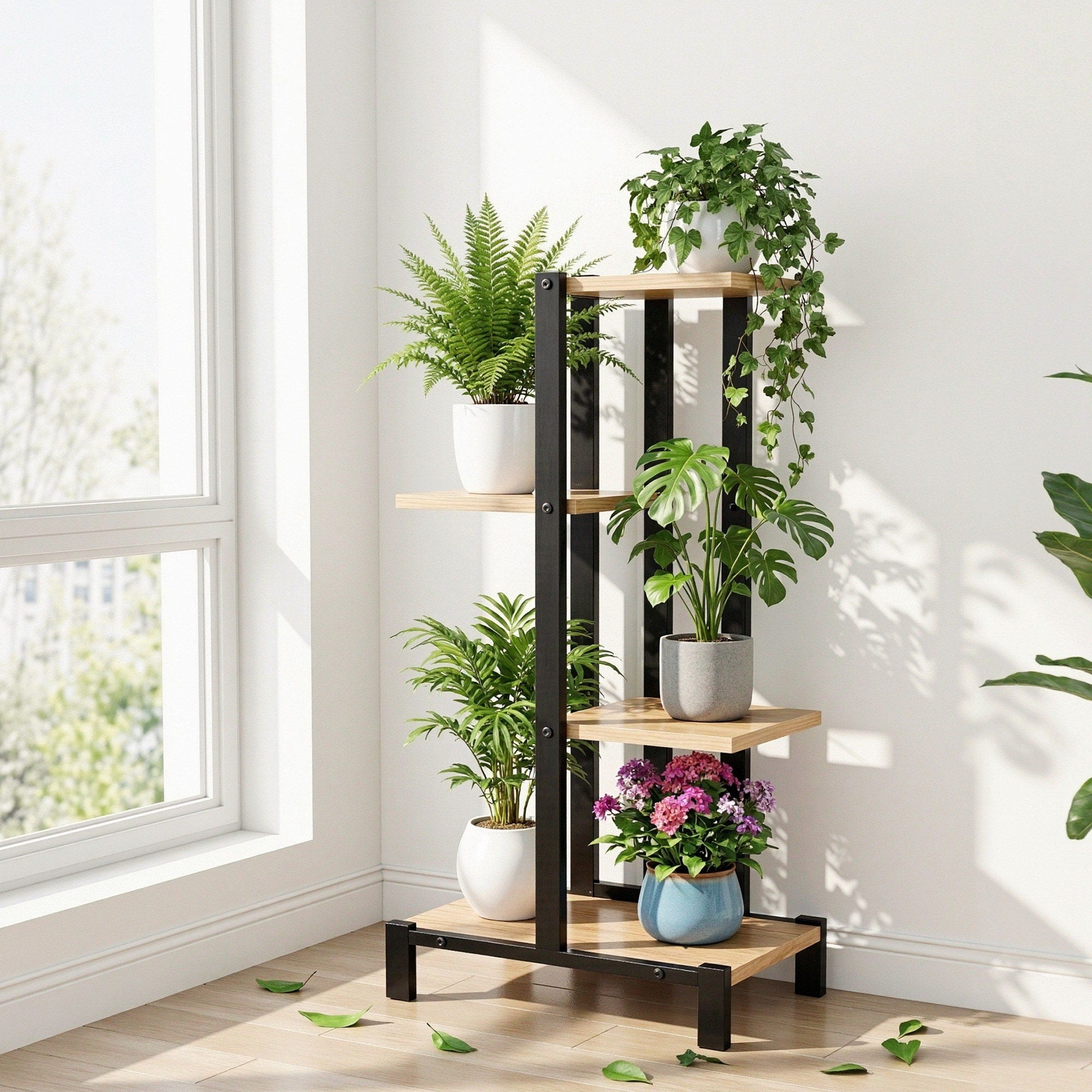 4-Tier Plant Stand Shelf 75cm - Black & Oak - Homecoze