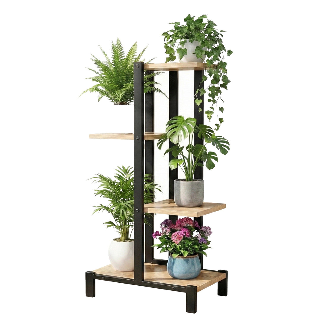 4-Tier Plant Stand Shelf 75cm - Black & Oak