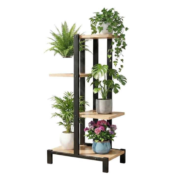 4-Tier Plant Stand Shelf 75cm - Black & Oak