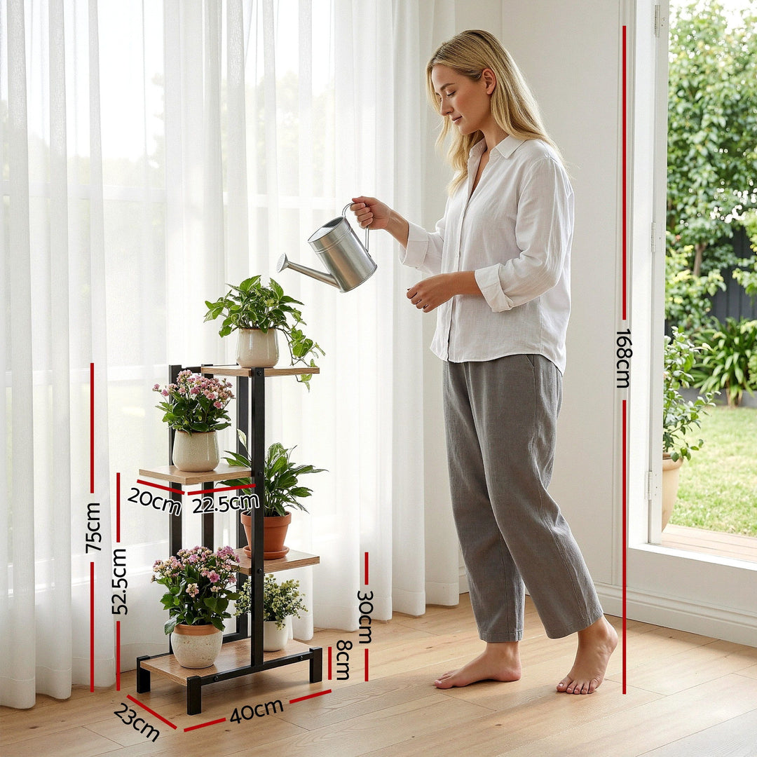 4-Tier Plant Stand Shelf 75cm - Black & Oak