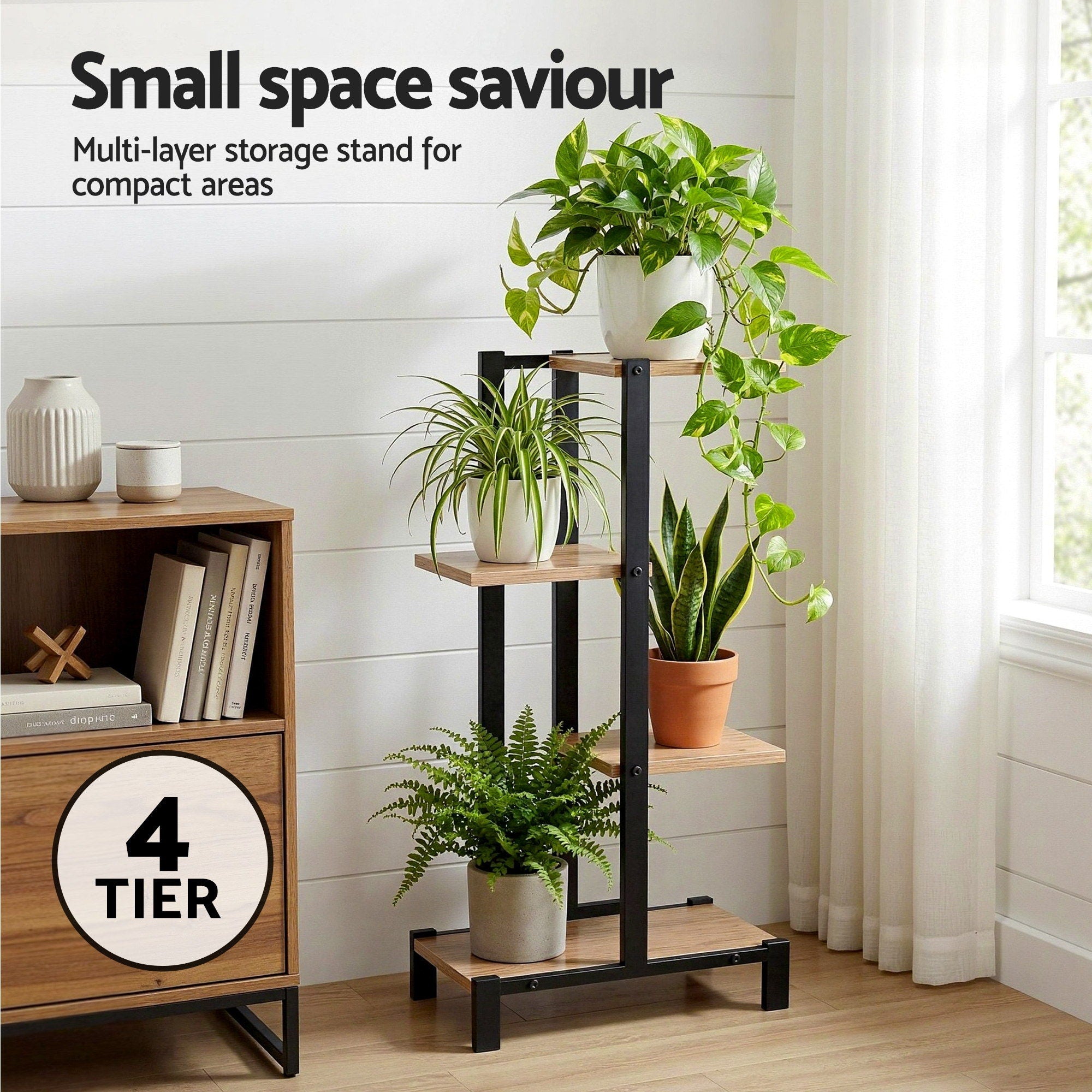 4-Tier Plant Stand Shelf 75cm - Black & Oak - Homecoze