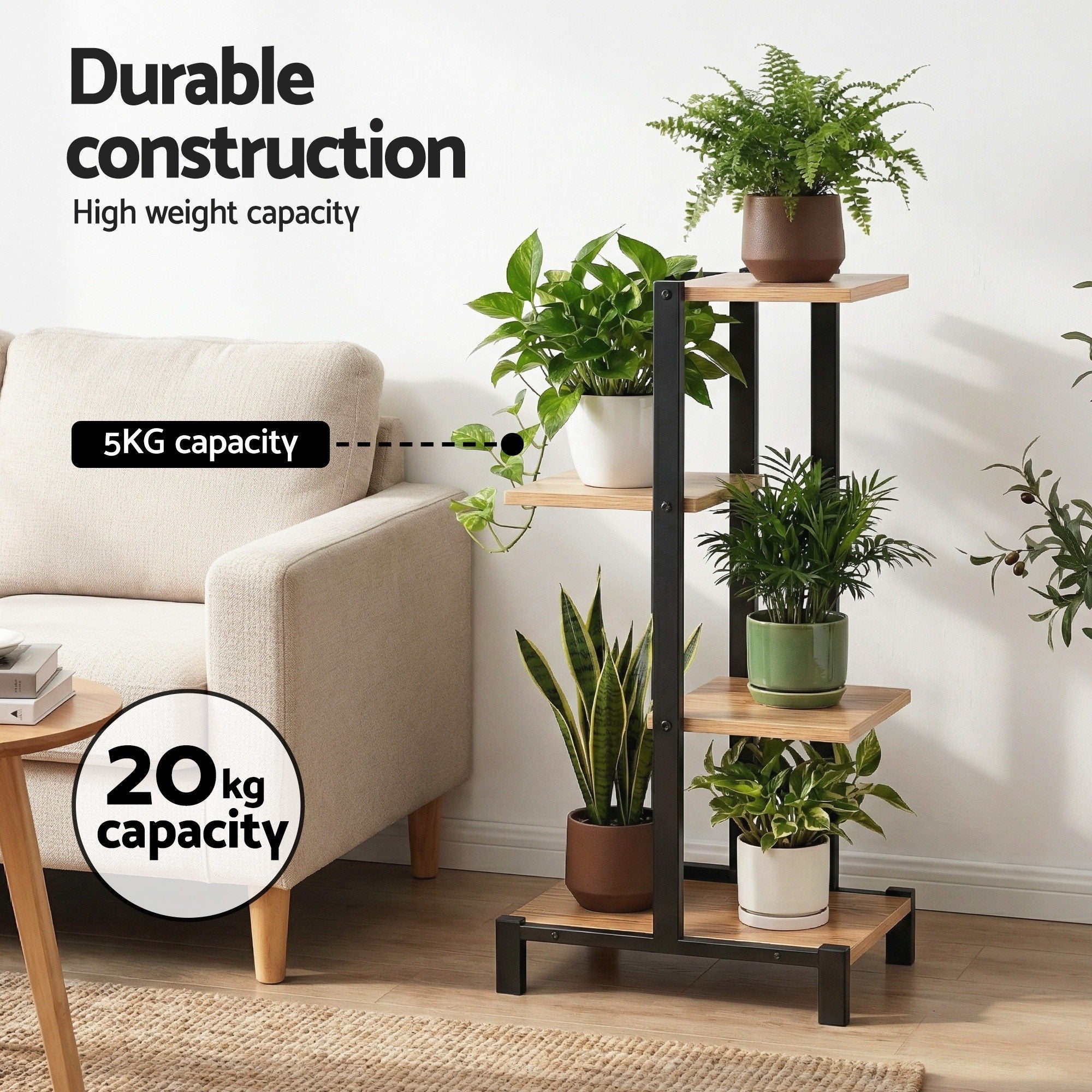 4-Tier Plant Stand Shelf 75cm - Black & Oak - Homecoze