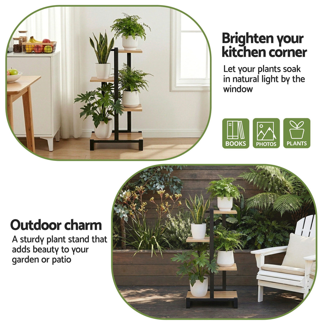 4-Tier Plant Stand Shelf 75cm - Black & Oak