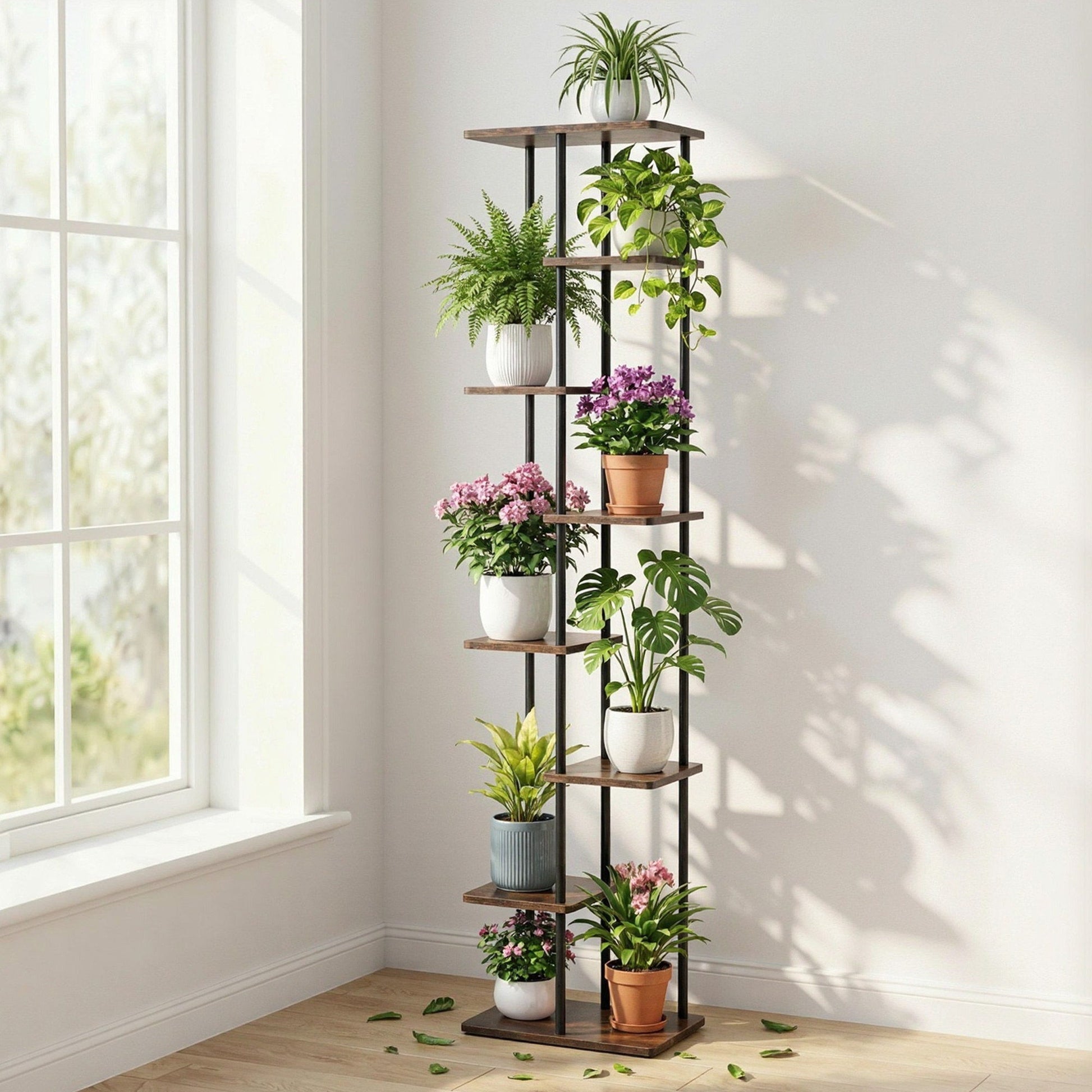 8-Tier Plant Stand Shelf 169cm - Black & Brown - Homecoze